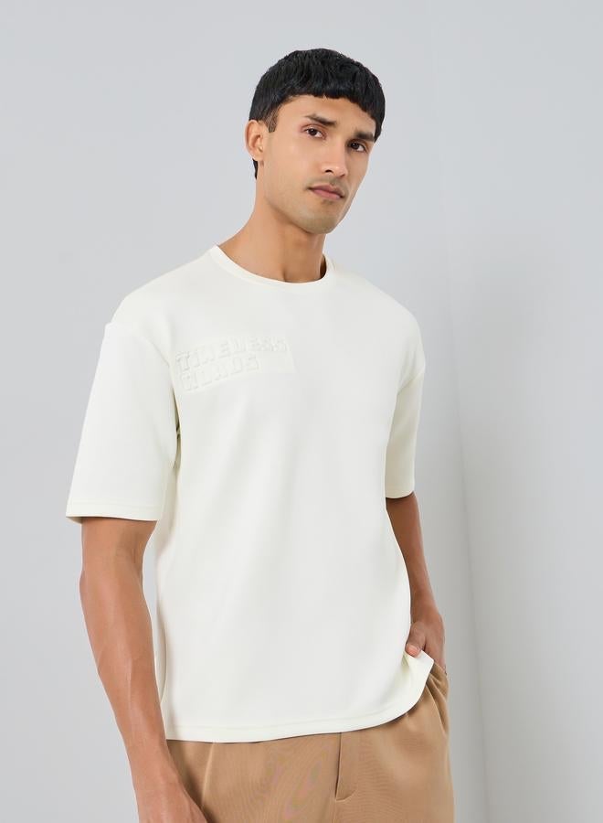 Styli Men Cream Crew Neck Oversized T-Shirt - Image 2